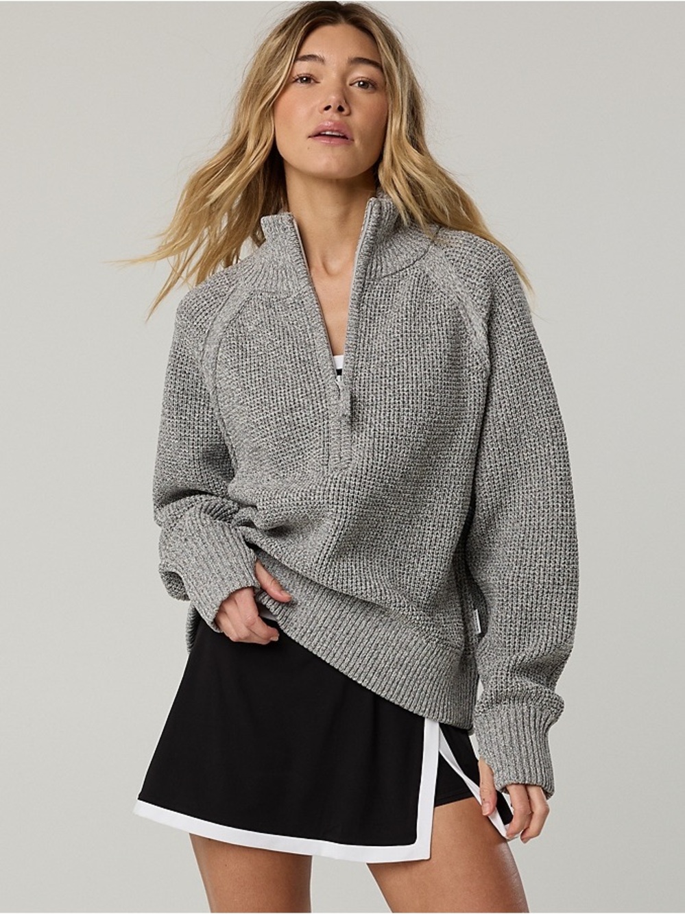 American Eagle Aerie Offline Cool Down Quarter Zip Waffle Sweater Grey